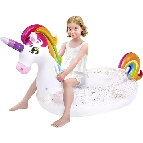 JOYIN Unicorn Pool Float Kids - Inflatable Rainbow Unicorn Floaty with Glitters Fun Pool Floats, Ride On Unicorn Beach Lake Floaties Raft Lounge, Party in Summer Decorations Pool Toys for Kids