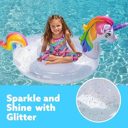 JOYIN Unicorn Pool Float Kids - Inflatable Rainbow Unicorn Floaty with Glitters Fun Pool Floats, Ride On Unicorn Beach Lake Floaties Raft Lounge, Party in Summer Decorations Pool Toys for Kids - Image 3