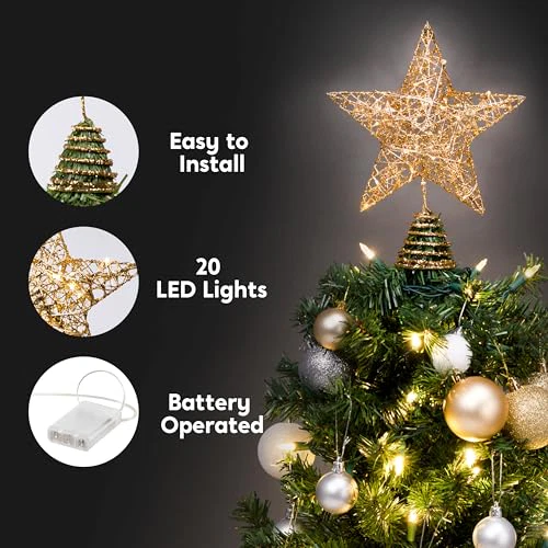 Joiedomi Gold Glitter Star Tree Topper Metal Hallow Tree Star Lighted for Christmas Tree Decorations Home Holiday Xmas Party Indoor Decor - Image 4
