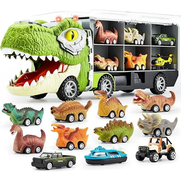 JOYIN 13 in 1 Dinosaur Toys for Kids 3-5, Dinosaur Truck with 12 Pull Back Cars, Small Cars Set, Birthday Gifts Toys for 3 4 5+ Year Old Boy, Transport Carrier Truck for Toddlers 3-4 Years