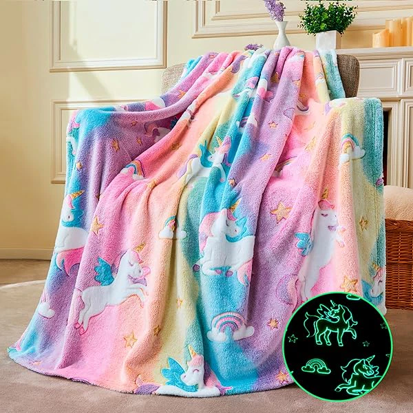 Joiedomi Glow in The Dark Blanket - Unicorns Gifts Toys for Girls Age 2 3 4 5 6 7 8 9 10 11 12 Year Old - Soft Cozy Flannel Kids Throw Blanket, Birthday Bedroom Decor 50