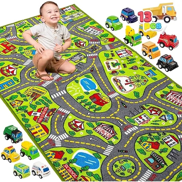 JOYIN Kids Play Rugs - 12 Pull-Back Vehicle Set - Durable Carpet Playmat Rug - City Pretend Play - Toddler Car Track Rug