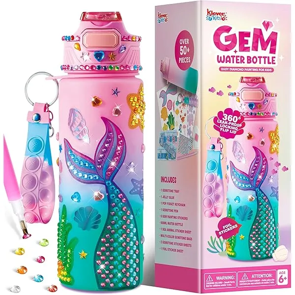 Klever Kits Decorate Your Own Water Bottle Kits for Girls Age 6+, Mermaid DIY Gem Diamond Painting Crafts, Girl Birthday Gift Arts and Crafts Fun Arts for Girls Birthday Christmas